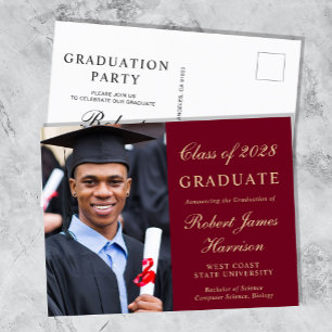 Elegant Photo College Burgundy Graduation Party Invitation Postcard