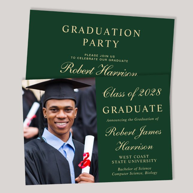 Elegant Photo College Green Graduation Party Invitation (An elegant college graduation party invitation to celebrate the graduate's achievements)