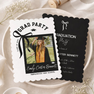 Elegant Photo Coquette Black White Bow Graduation Invitation