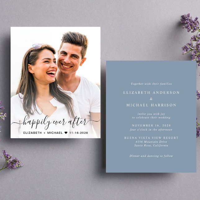 Elegant Photo Dusty Blue Budget Wedding Invitation (Creator Uploaded)
