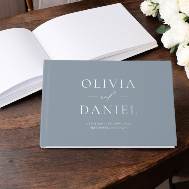 Elegant Photo Dusty Blue Silver Modern Minimalist Guest Book (Creator Uploaded)