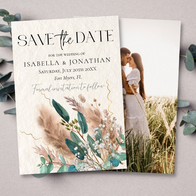 Elegant Photo Eucalyptus & Pampas Grass Wedding Save The Date (Creator Uploaded)