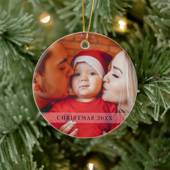 Elegant Photo First Christmas Script Typography Ceramic Tree Decoration (Tree)