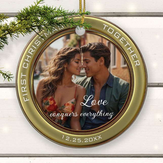 Elegant Photo First Christmas Together Ceramic Tree Decoration (Christmas ornament featuring your own custom photo framed by a stylish green gold metallic design)