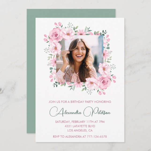 Elegant Photo Floral 38th birthday invitations  (Front/Back)
