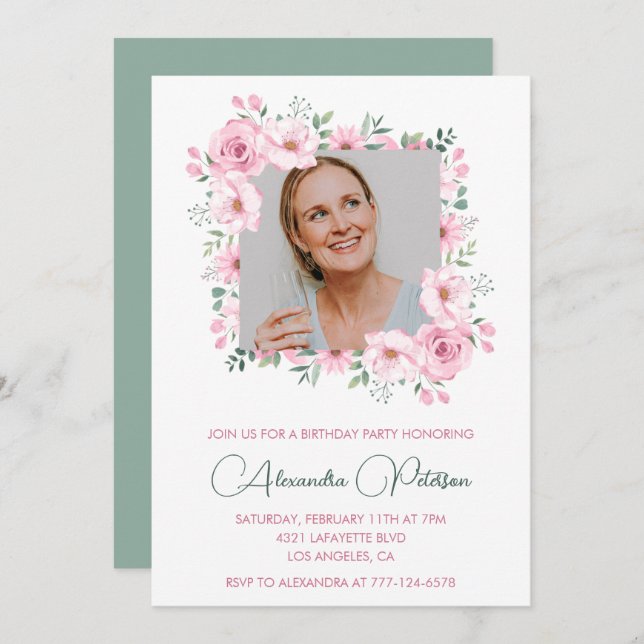 Elegant Photo Floral 47th birthday invitations  (Front/Back)
