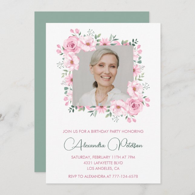 Elegant Photo Floral 78th birthday invitations  (Front/Back)