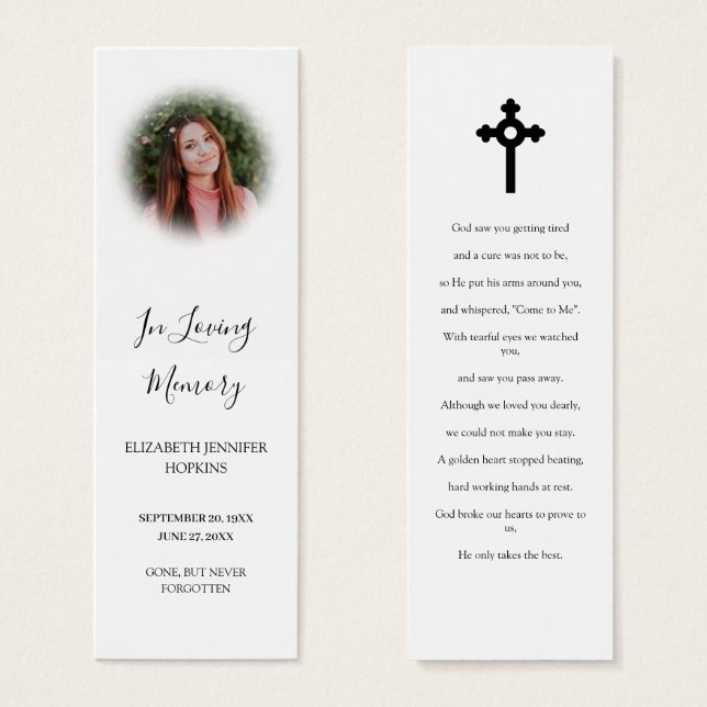 Elegant Photo Funeral Memorial Poem Bookmark Card (Front & Back)