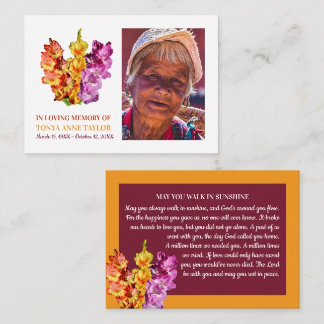 Elegant Photo, Gladiolus Flowers, Prayer Card (Front/Back)