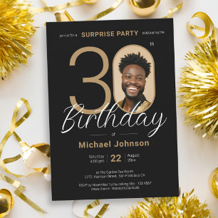 Elegant Photo Gold Black Surprise 30th Birthday Invitation