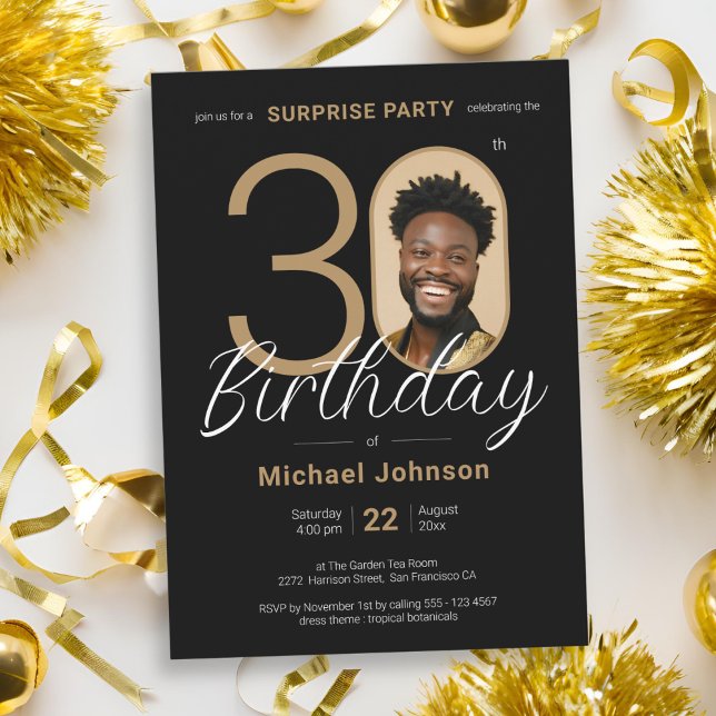 Elegant Photo Gold Black Surprise 30th Birthday Invitation (Elegant Photo Gold Black Surprise 30th Birthday Invitation)