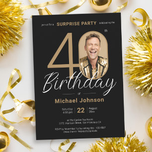 Elegant Photo Gold Black Surprise 40th Birthday Invitation
