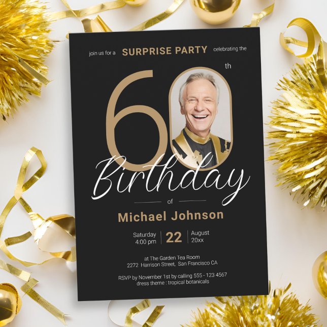 Elegant Photo Gold Black Surprise 60th Birthday Invitation (Elegant Photo Gold Black Surprise 60th Birthday Invitation)