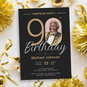 Elegant Photo Gold Black Surprise 90th Birthday Invitation