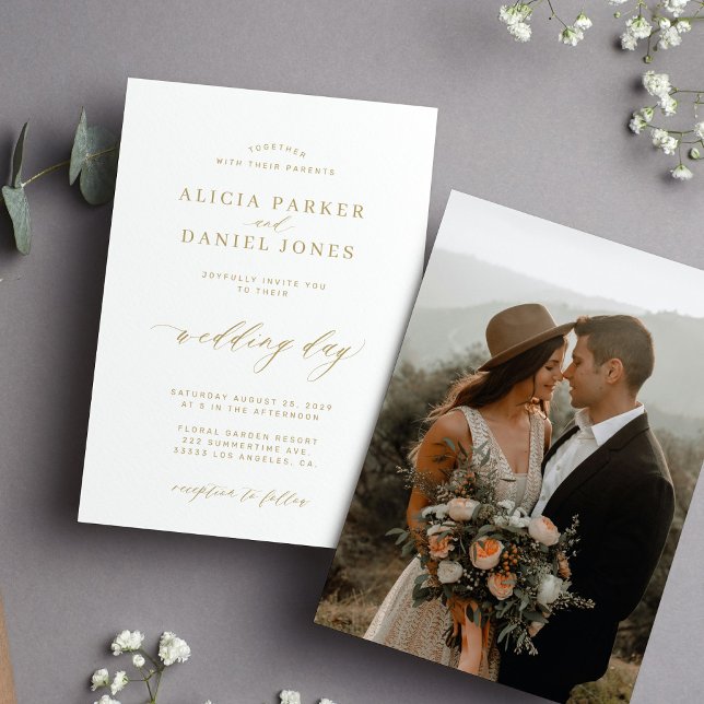 Elegant photo gold calligraphy script wedding invitation (Creator Uploaded)