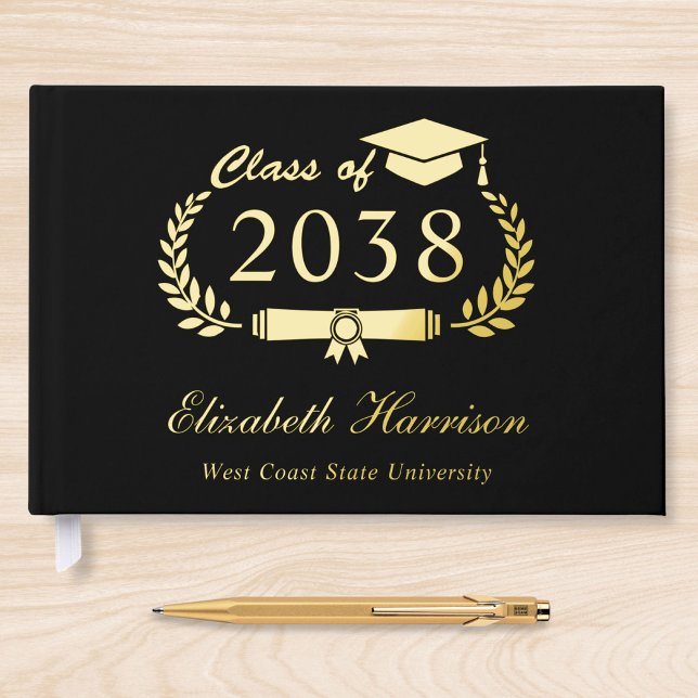 Elegant Photo Gold Foil Black Graduation Party Guest Book (Creator Uploaded)