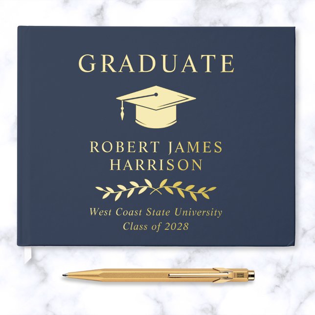 Elegant Photo Gold Foil Blue Graduation Party Guest Book (Creator Uploaded)
