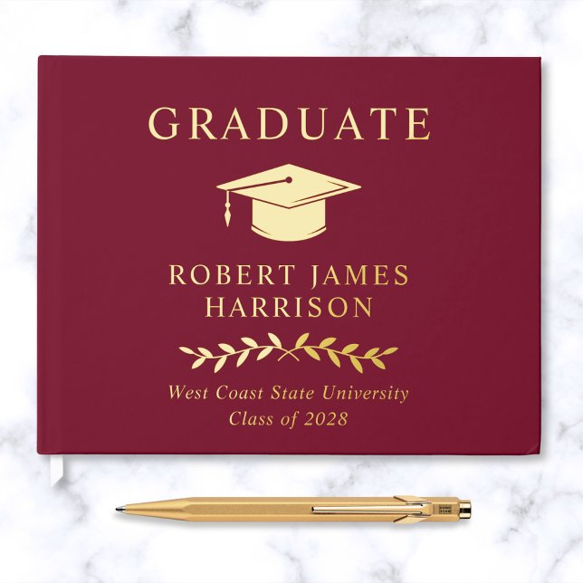 Elegant Photo Gold Foil Burgundy Graduation Party Guest Book (Creator Uploaded)