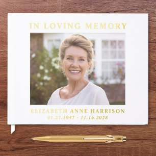 Elegant Photo Gold Foil White Memorial Funeral Guest Book