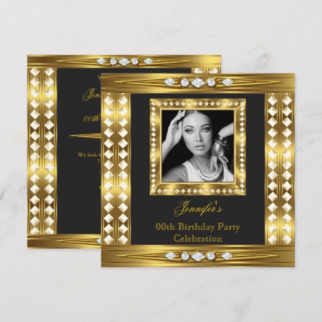 Elegant Photo Gold Glam Diamond Black Birthday Invitation (Front/Back)