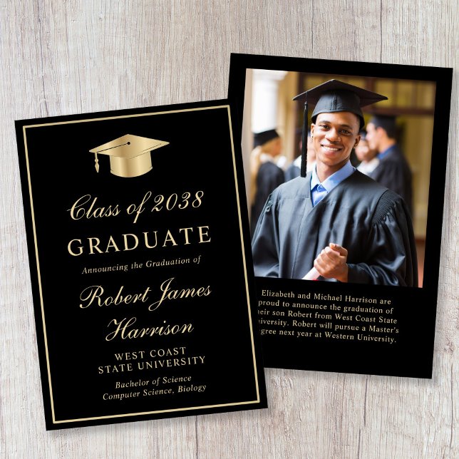 Elegant Photo Gold Grad Cap Black Graduation Announcement (Elegant Photo Gold Grad Cap Black Graduation Announcement)