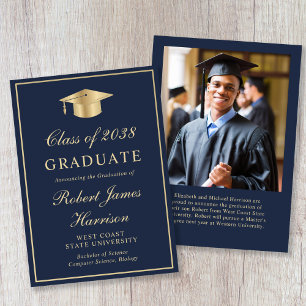 Elegant Photo Gold Grad Cap Blue Graduation Announcement