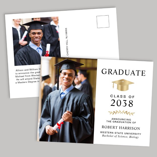 Elegant Photo Gold Grad Cap College Graduation Announcement Postcard (An elegant college graduation announcement to celebrate the graduate's achievements)