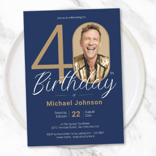 Elegant Photo Gold Navy Blue 40th Birthday Invitation