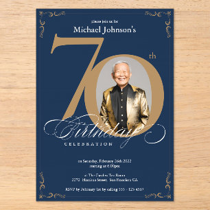 Elegant Photo Gold Navy Blue 70th Birthday Acrylic Invitations