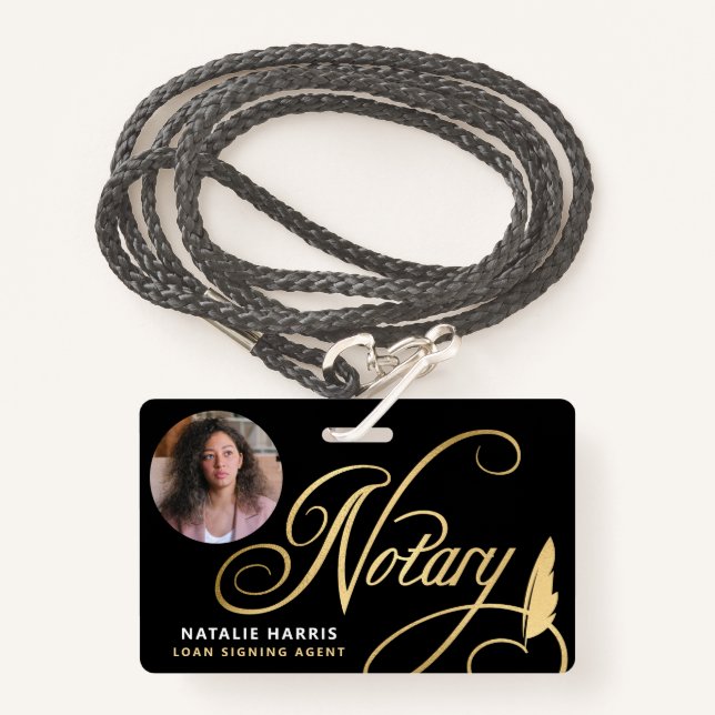 Elegant Photo Gold Notary Loan Agent  Badge ID Badge (Front with Lanyard)