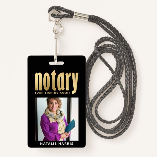 Elegant Photo Gold Notary Loan Agent  Badge ID Badge (Front with Lanyard)