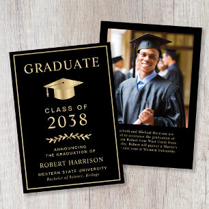 Elegant Photo Gold Script Black College Graduation Announcement