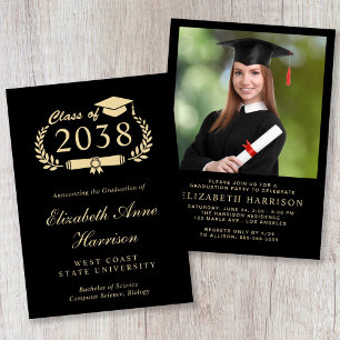 Elegant Photo Gold Script Black Graduation Party Invitation