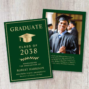 Elegant Photo Gold Script Green College Graduation Announcement