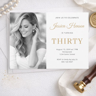 Elegant Photo Gold Script Minimal 30th Birthday Invitation