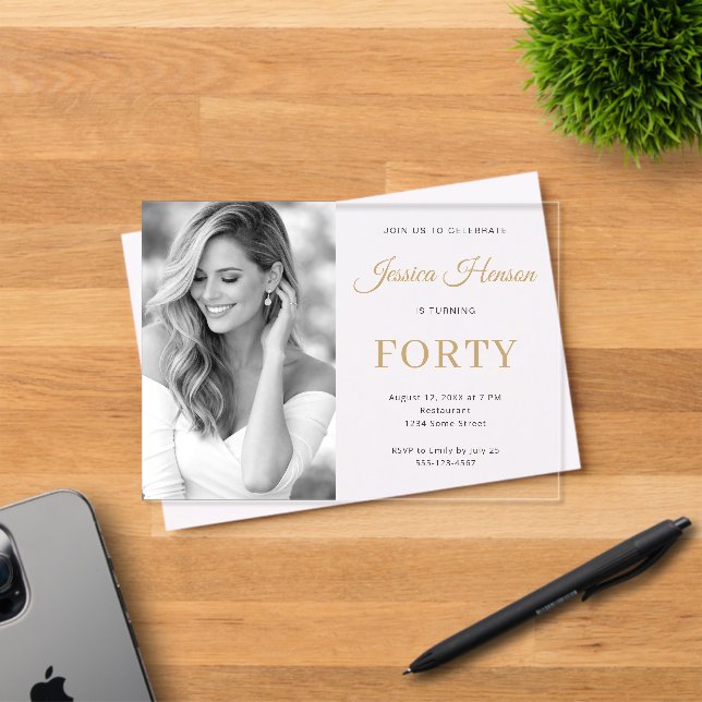 Elegant Photo Gold Script Minimal 40th Birthday Acrylic Invitations (Insitu (Invitation Card))