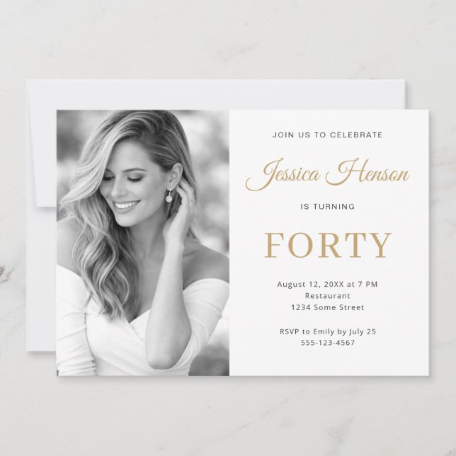 Elegant Photo Gold Script Minimal 40th Birthday Invitation (Front)