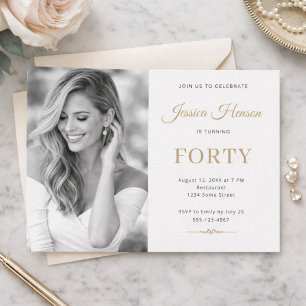 Elegant Photo Gold Script Minimal 40th Birthday Invitation