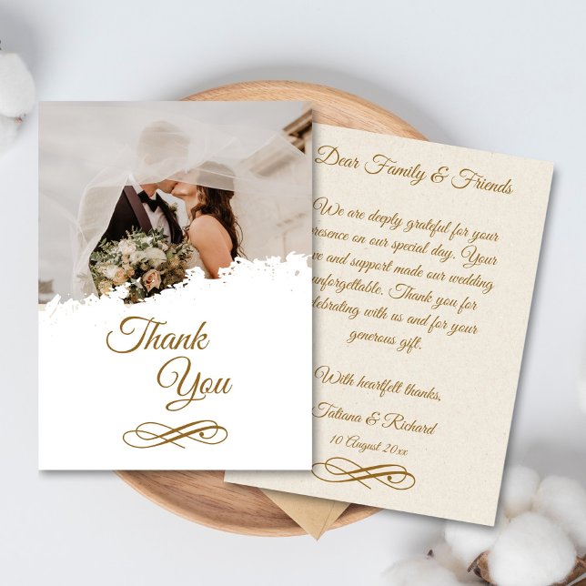 Elegant Photo Gold Script Wedding Thank You Card (elegant gold script wedding thank you card)