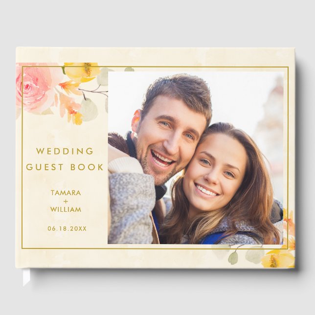 Elegant Photo Gold Watercolor Floral Wedding Guest Book (Front)