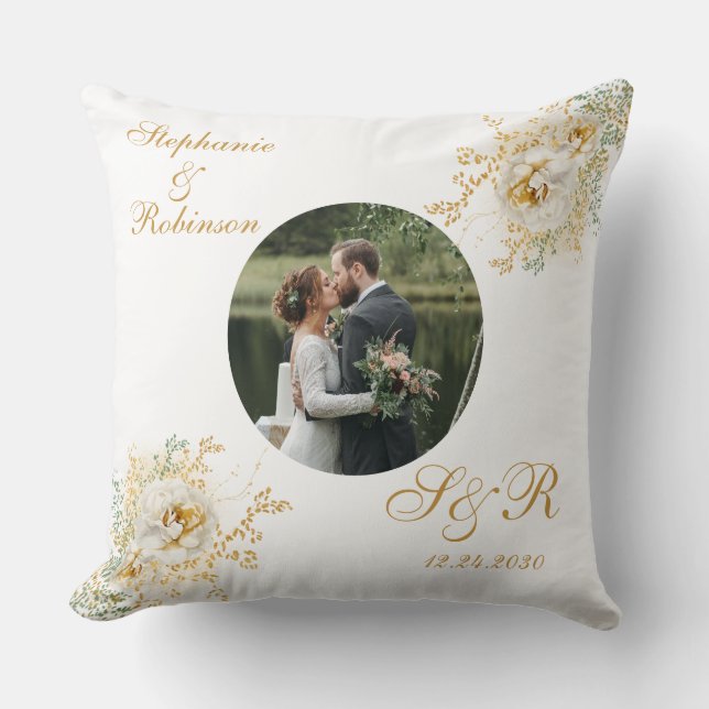Elegant Photo Gold White Floral Monogram Wedding  Cushion (Front)