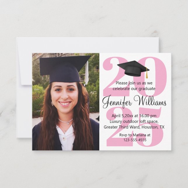 elegant photo graduation 2025 party pink script invitation (Front)