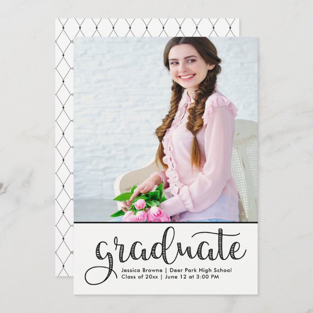Elegant Photo Graduation Announcement Black White (Front/Back)