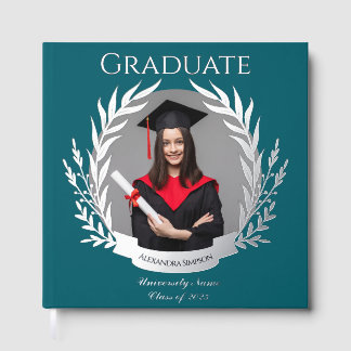 Elegant Photo Graduation Party Dark Cyan & Silver Guest Book