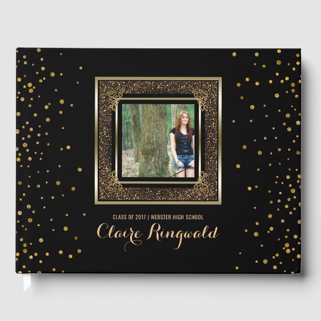 Elegant Photo Graduation Party | Glam Gold Glitter Guest Book (Front)