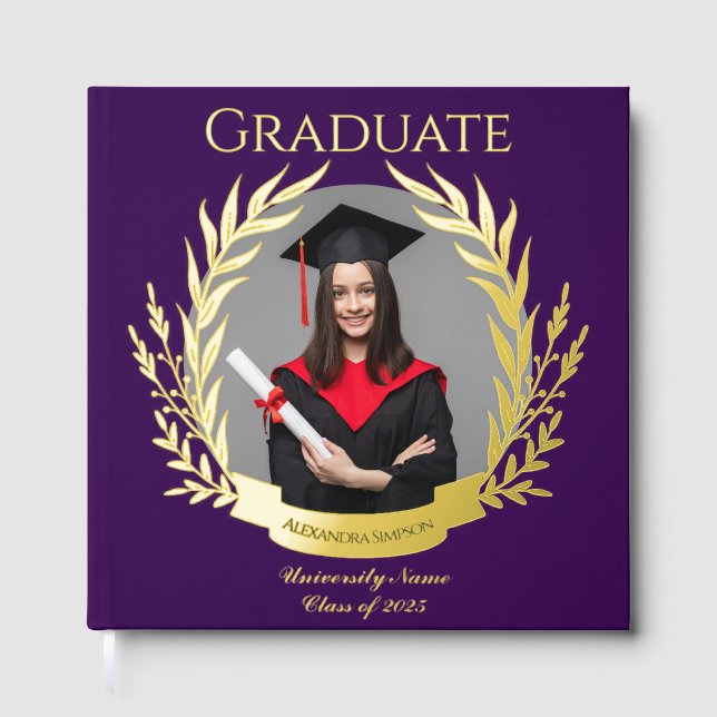 Elegant Photo Graduation Party Purple and Gold Guest Book (Front)