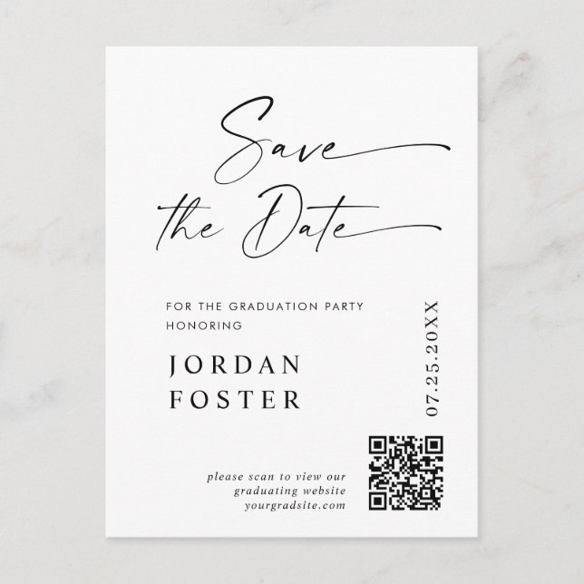 Elegant Photo Graduation Save the Date QR code Postcard (Front)