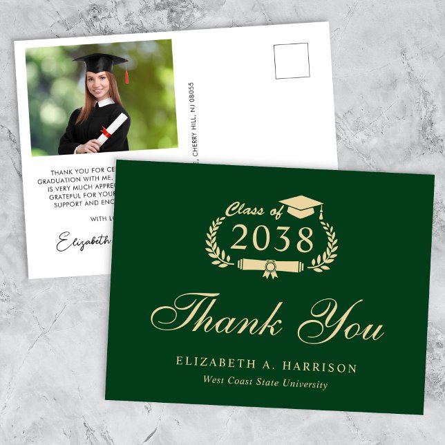 Elegant Photo Green Gold Graduation Thank You Postcard (An elegant photo graduation thank you card to show gratitude to friends and family for their support)