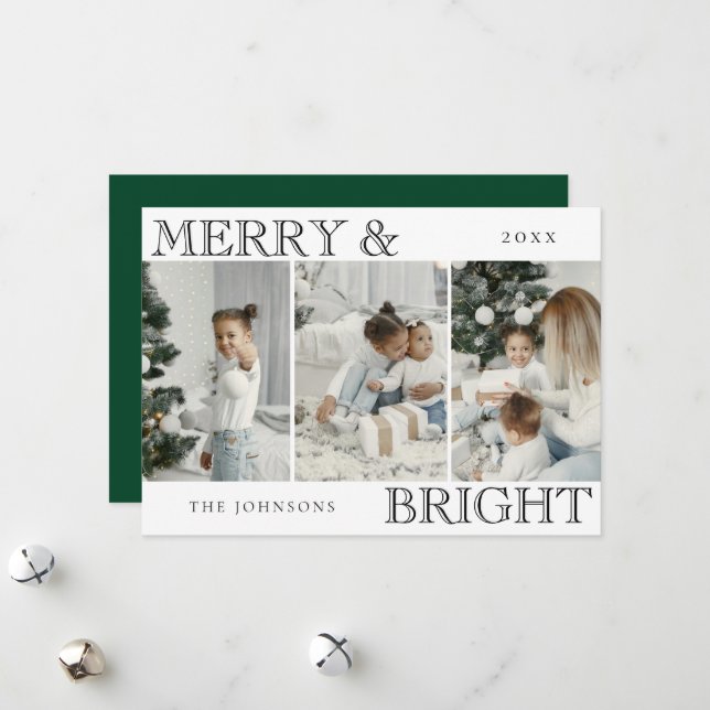 Elegant Photo | Green Merry and Bright Christmas Holiday Card (Front/Back In Situ)