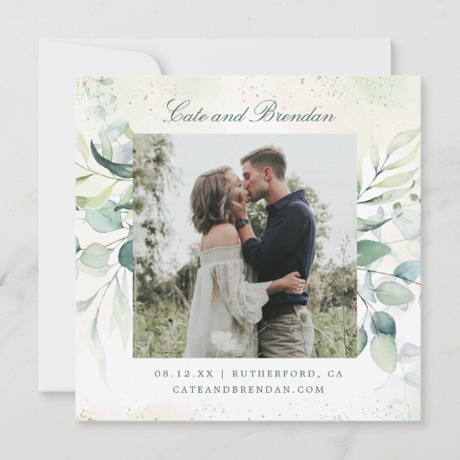 Elegant Photo Greenery Eucalyptus Wedding Save The Date (Front)